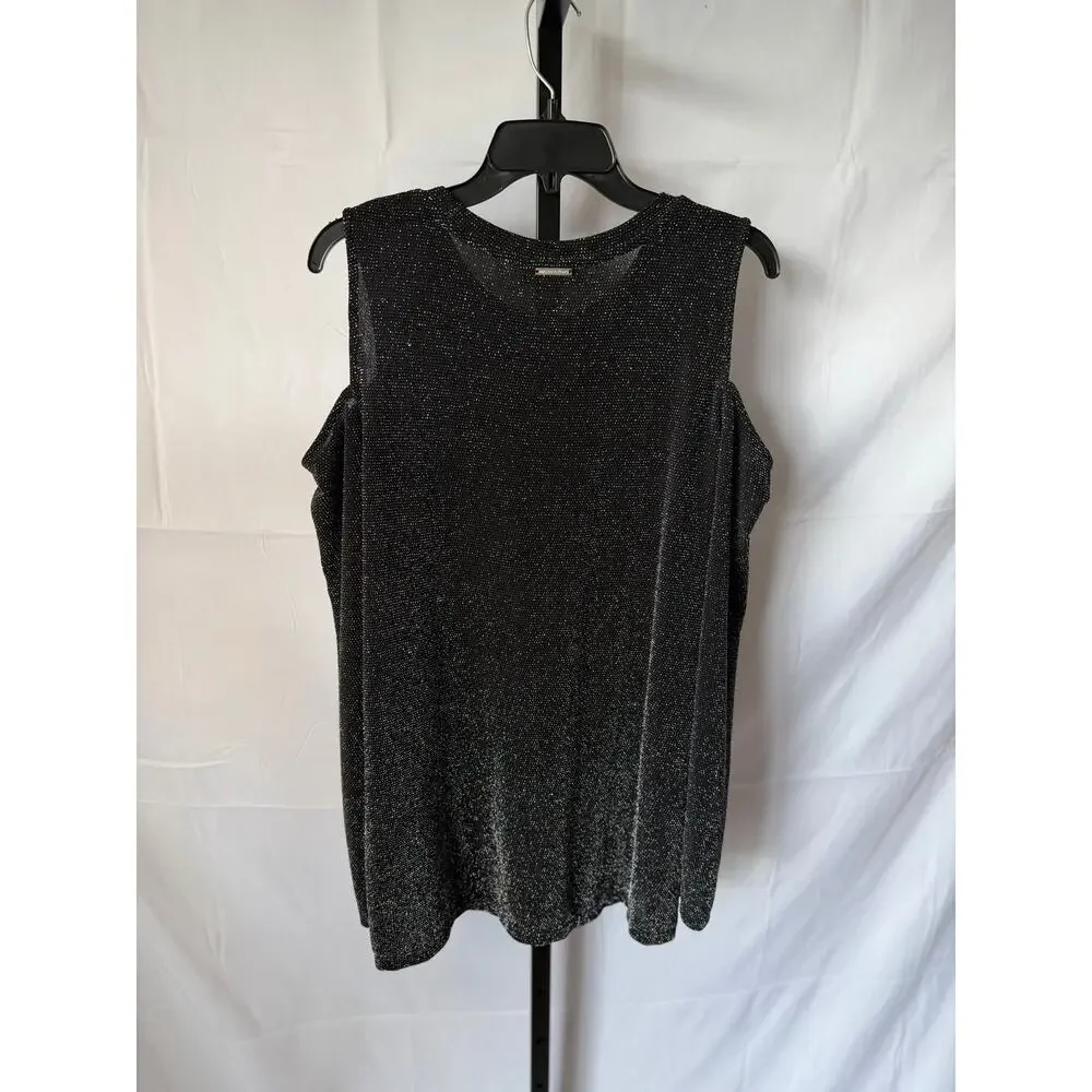 Michael Kors Black & Silver Metallic Brilliance Cold Shoulder Top Sz L NWT